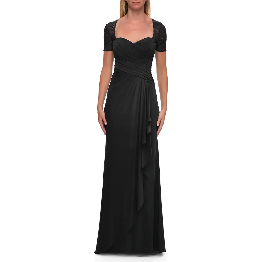 Ruched Lace Bodice Gown with Draped Skirt by La Femme