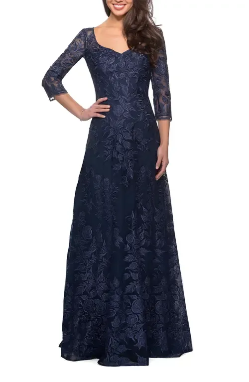 Floral Embroidered Mesh A-Line Gown