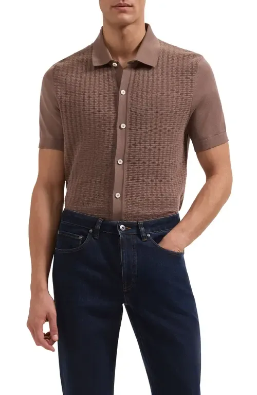 Basket Weave Knit Short Sleeve Cotton Full Button Cardigan by Bugatchi