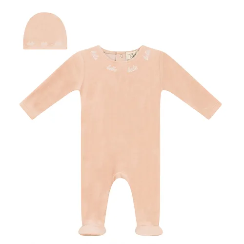 Velour Embroidered Romper with Matching Hat by Bebe Bella