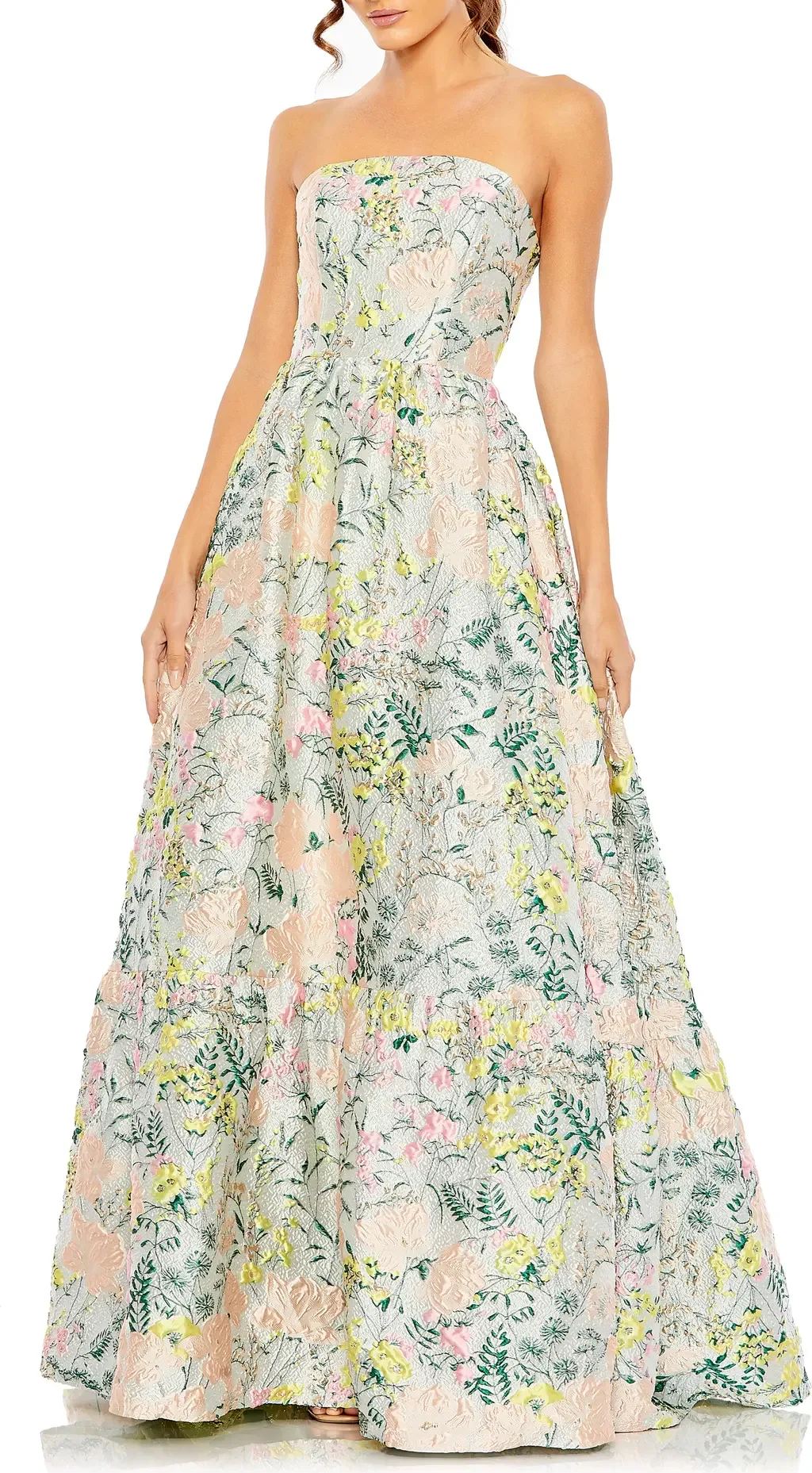 Floral Brocade Strapless a Line Gown