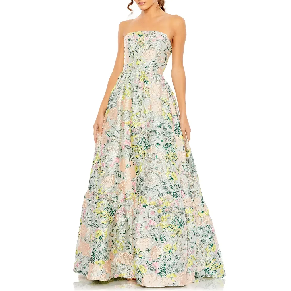 Floral Brocade Strapless a Line Gown by Mac Duggal
