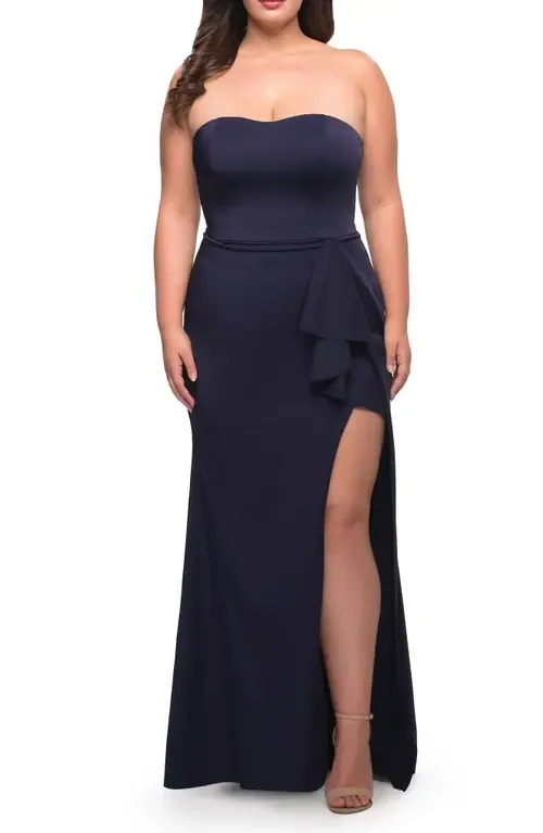 Strapless Dress with Ruffle Slit Detail by La Femme