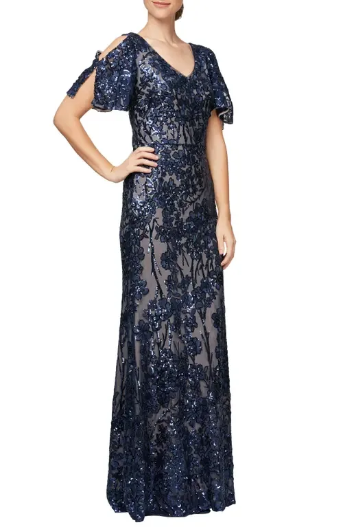 Sequin Lace Cold Shoulder Trumpet Evening Gown by Alex Evenings