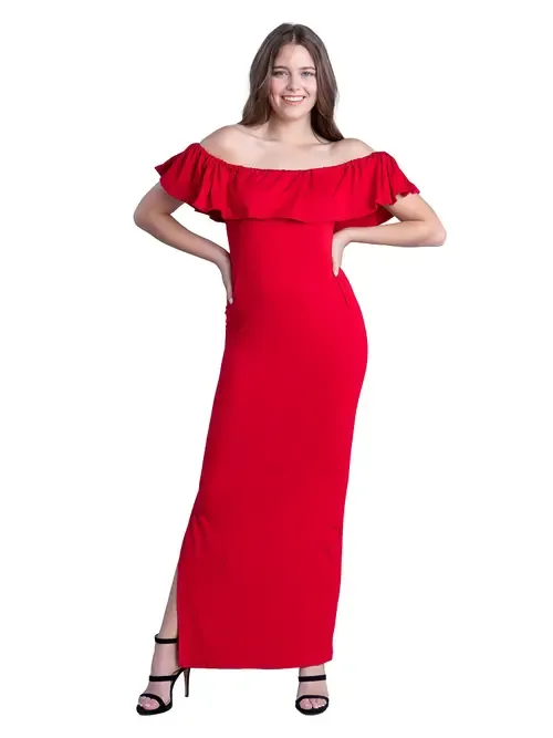 Off Shoulder Ruffle Detail Maxi Dress by 24seven Comfort Apparel