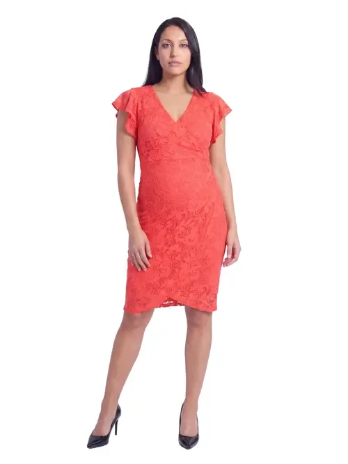 Maternity Elevate Lace V-Neck Flutter Sleeve Faux Wrap Midi Dress by 24seven Comfort Apparel