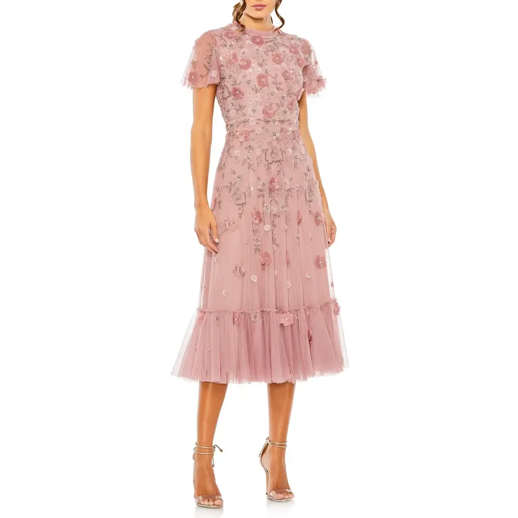 Embellished High Neck Cap Sleeve a Line Dress