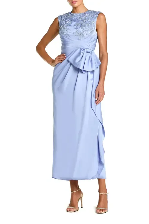 Sleeveless Satin Beaded Ankle Dress with Bow by Mac Duggal