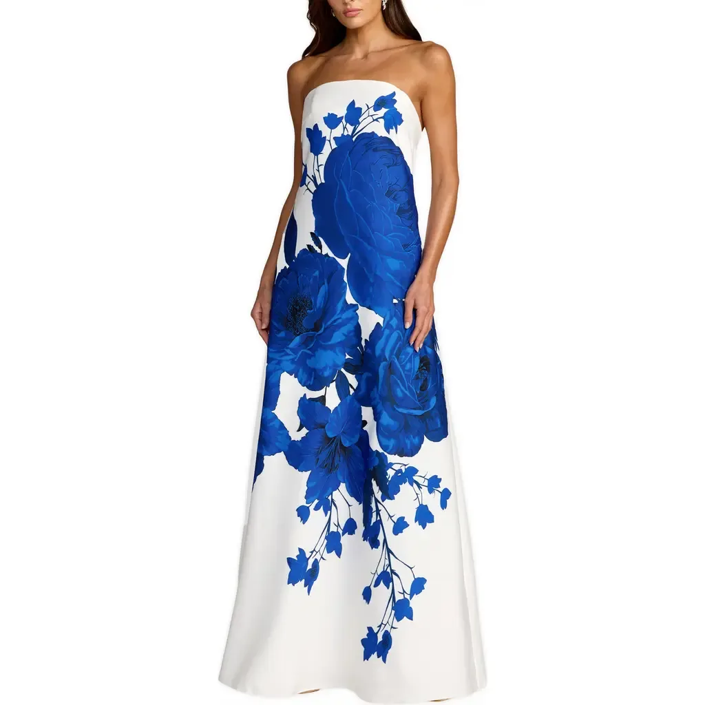 Floral Printed Crepe Strapless Trapeze Gown by Mac Duggal