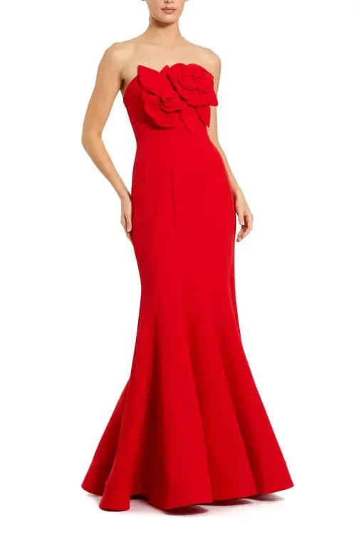 Crepe Strapless Mermaid Gown with 3D Flowers by Mac Duggal