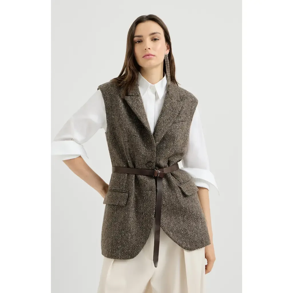 Sparkling Virgin Wool Chevron Vest with Leather Belt and Monili by Brunello Cucinelli