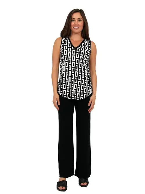 Essential Geometric Print V-Neck Sleeveless Round Hem Top and Elastic Waist Flared Pant Set by 24seven Comfort Apparel