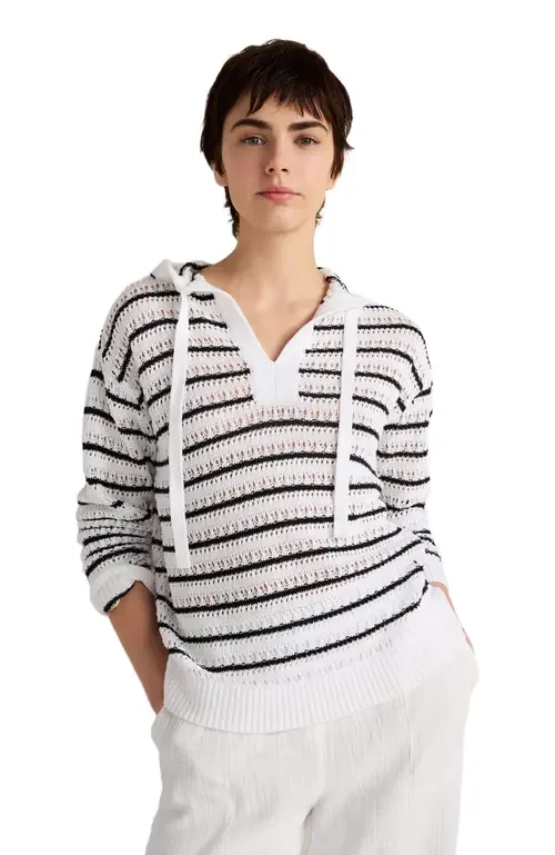Linen Cotton Blend Striped Open Stitch Hoodie by Haven Well Within