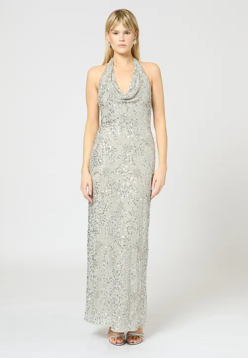 Embellished Sequin Beaded Maxi Dress with V Cowl Neck