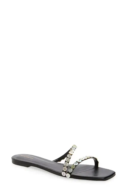 Shoshana Slide Sandal in Black Leather Shell Buttons by Reformation