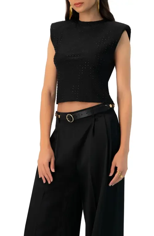 Padded-Shoulder Cropped Rhinestone Top by IVONNE