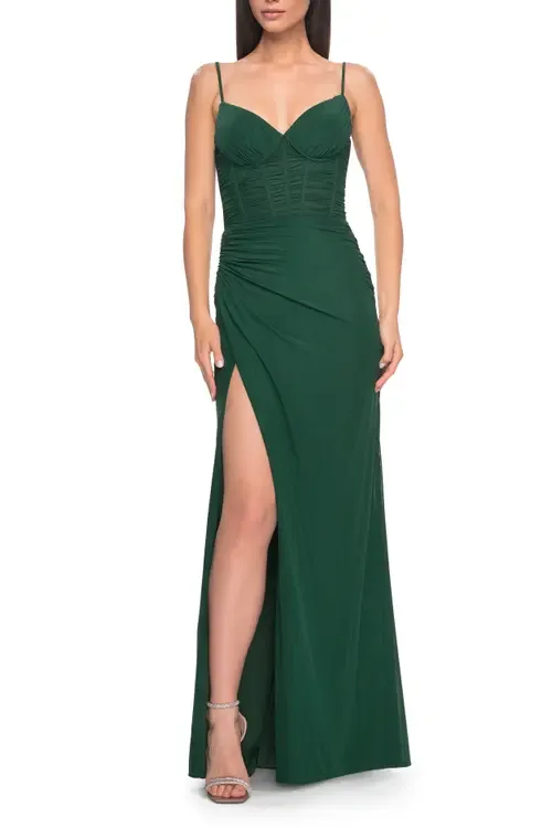 Net Jersey Fitted Dress with Ruched Bustier Top