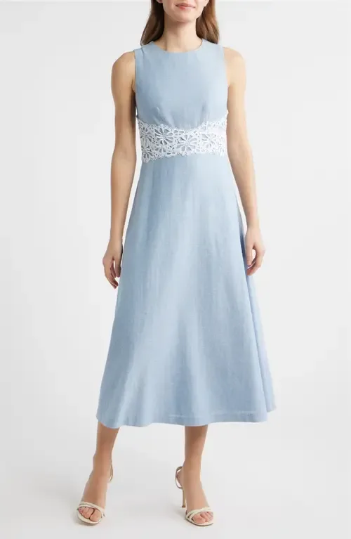 Lace Trim Linen Blend Midi Dress by Anne Klein