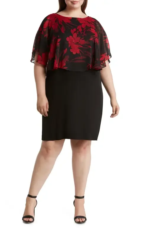 Floral Cape Overlay Sheath Dress by Connected Apparel
