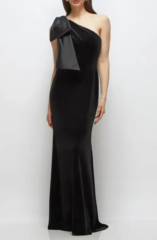 Satin Bow One-Shoulder Velvet Mermaid Gown by After Six