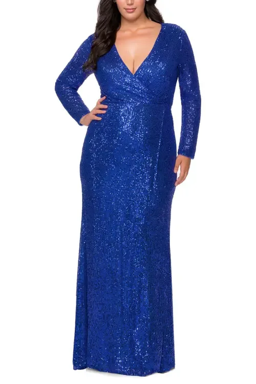 Long Sleeve Sequin Dress with Slit by La Femme