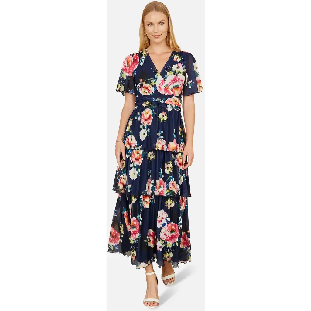 Mesh V-Neck Tiered Maxi Dress by Yumi