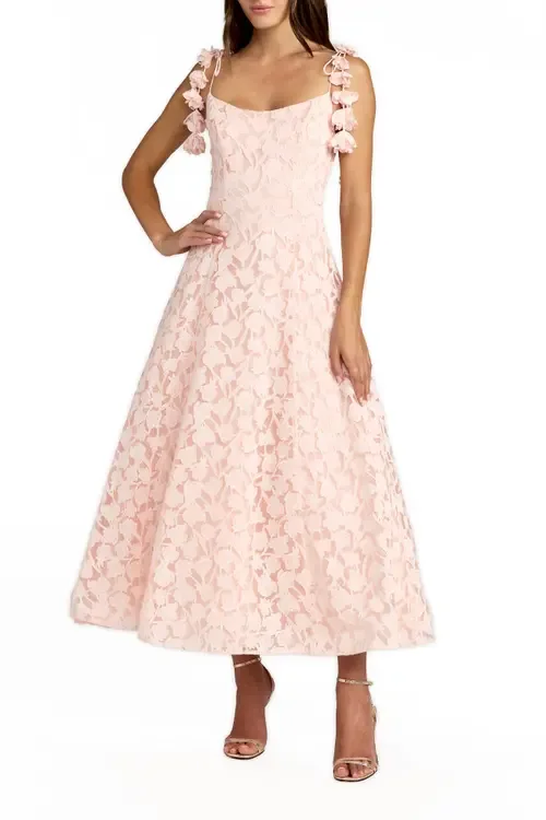 Floral Net Tie Strap Scoop Neck a Line Midi Dress by Mac Duggal