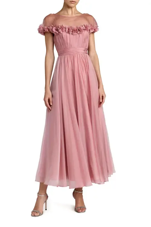 Chiffon Illusion Neck Midi Dress with 3D Flowers by Mac Duggal
