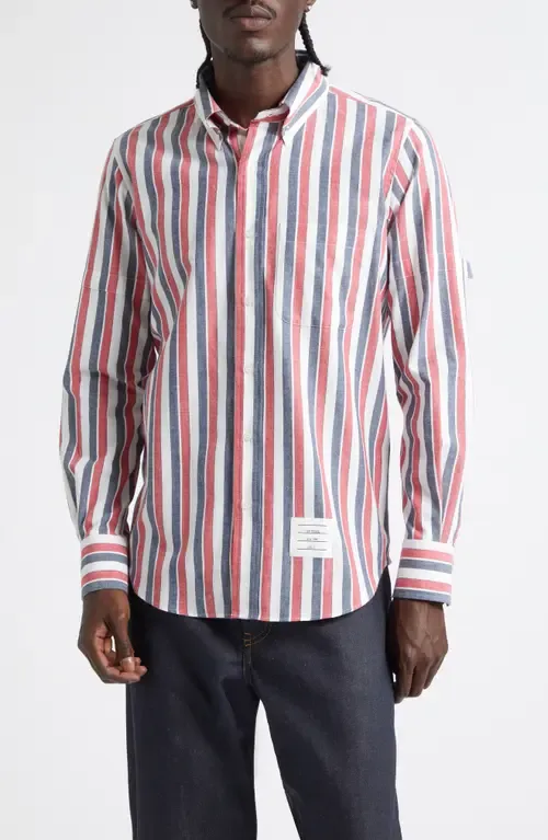 Straight Fit Stripe Cotton Button-Down Shirt by Thom Browne
