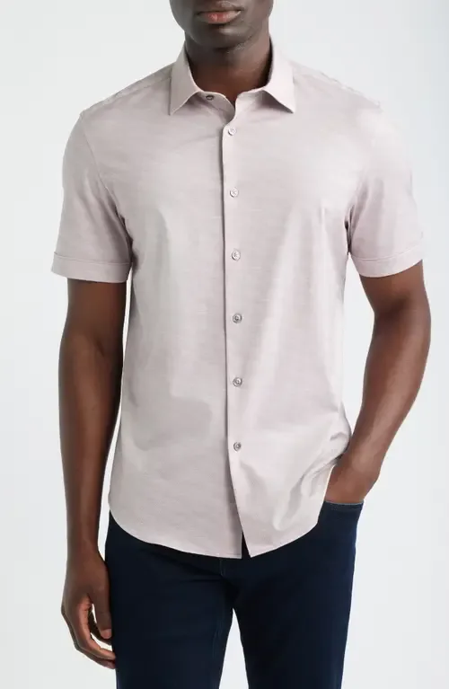 Miles OoohCotton® Herringbone Print Short Sleeve Button-Up Shirt by Bugatchi