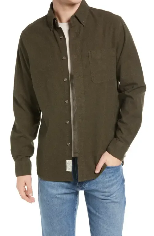 Heather Flannel Long Sleeve Button-Up Shirt by Schott NYC