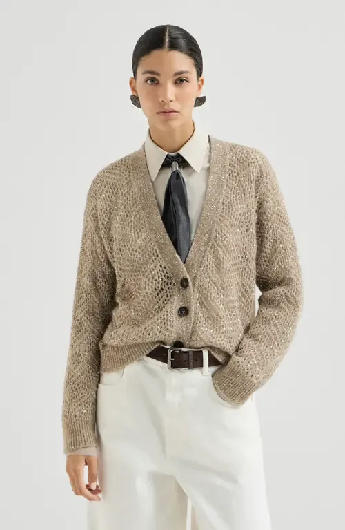 Dazzling Abstract Leaf Cardigan in Mohair and Wool by Brunello Cucinelli