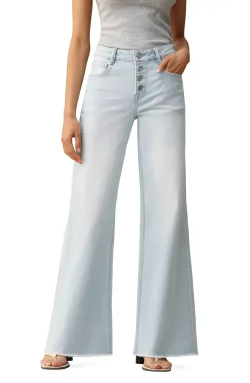 Frayed Exposed Button Mid Rise Wide Leg Jeans by Bayeas