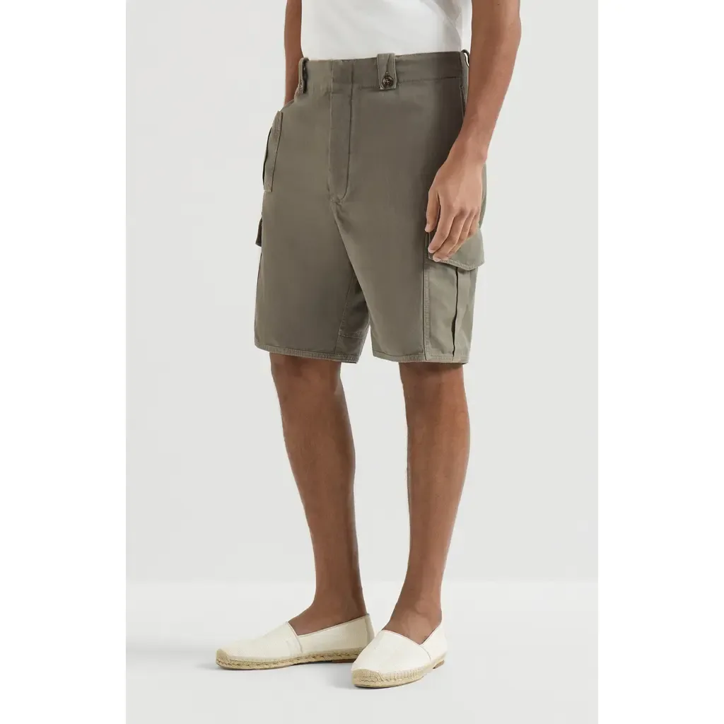 Garment-Dyed Bermuda Shorts in Cotton and Linen Canvas with Cargo Pockets by Brunello Cucinelli