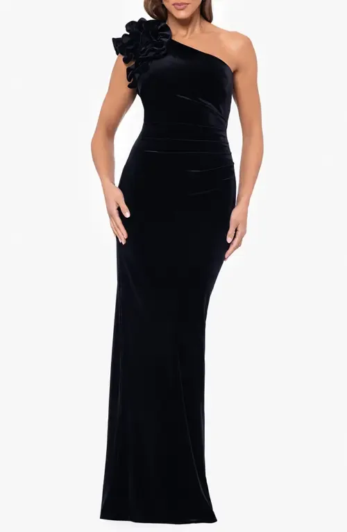 One-Shoulder Ruffle Stretch Velvet Gown by Xscape Evenings