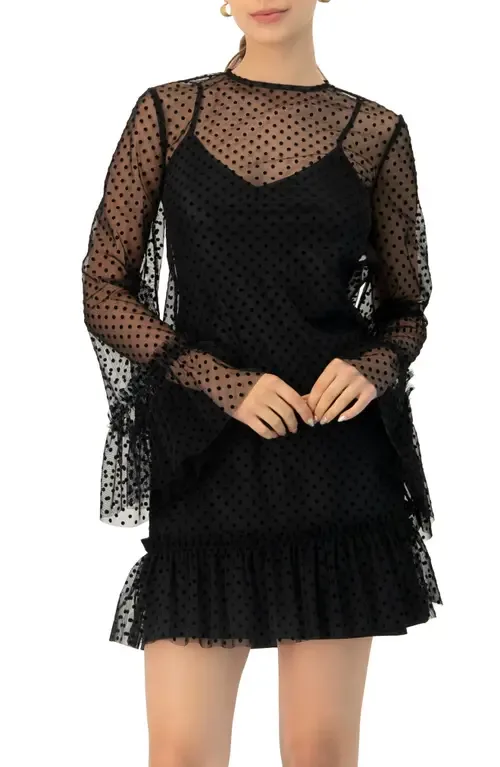 Flocked Polka Dot Short Dress with Wide Long Sleeves by IVONNE