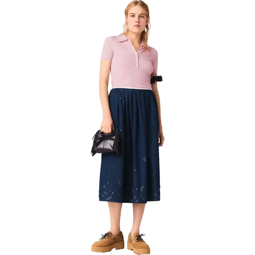 Embroidered Denim Midi Skirt by maje
