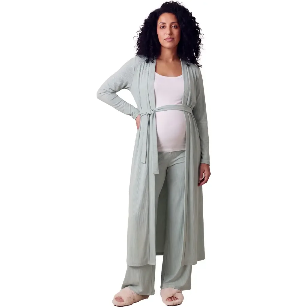 Maternity Basic Long Sleeve Tie Waist Soft Jacket and Elastic Waist Wide Leg Pant Set by 24seven Comfort Apparel