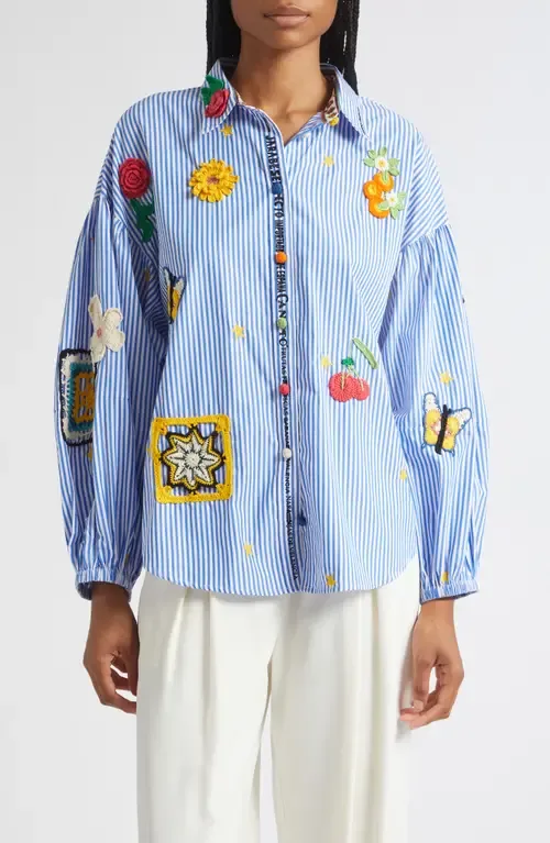 Magic of the Mercado Stripe Balloon Sleeve Cotton Button-Up Shirt by Camilla