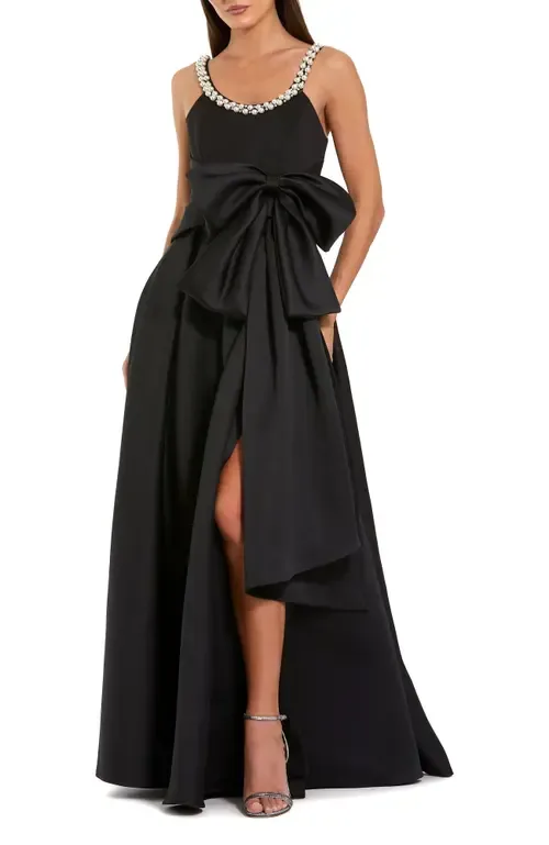 Satin Gown with Pearl Neckline and Bow Detail by Mac Duggal