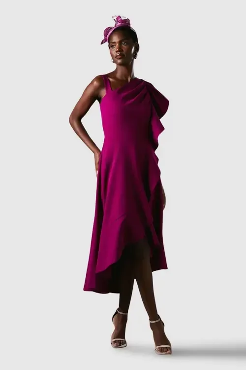 One Shoulder Crepe Ruffle Midi Dress