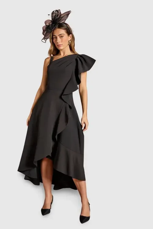 One Shoulder Crepe Ruffle Midi Dress