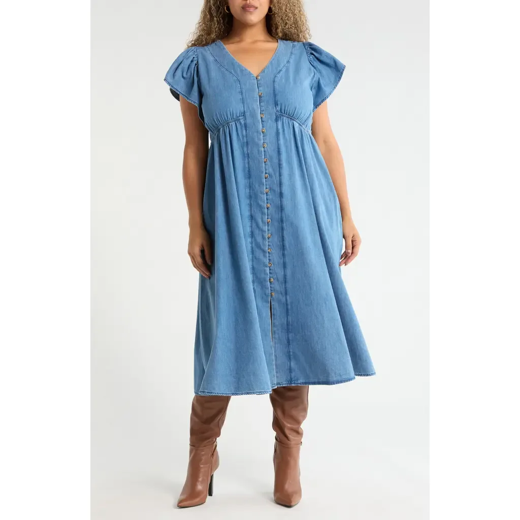 Flutter Sleeve Chambray Midi Dress by Treasure & Bond