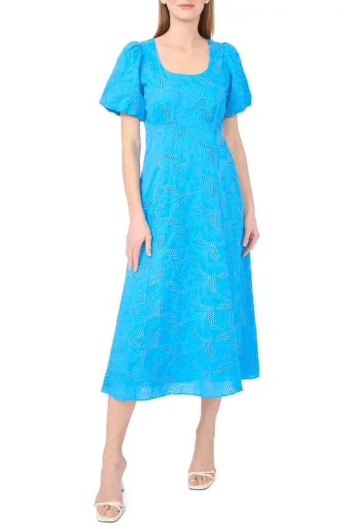 Embroidered Eyelet Bubble Sleeve Cotton Midi Dress by CeCe