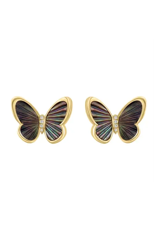 Yellow Gold Diamond Mother of Pearl Butterfly Earrings