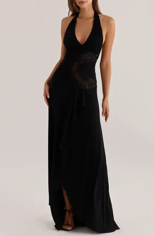 Natalina Beaded Cutout Halter Jersey Gown by HOUSE OF CB