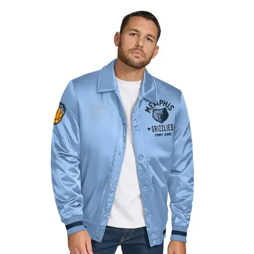 Tommy Jeans Light Blue Memphis Grizzlies Jacob Chain Stitch Applique Full-Snap Varsity Jacket by TOMMY JEANS