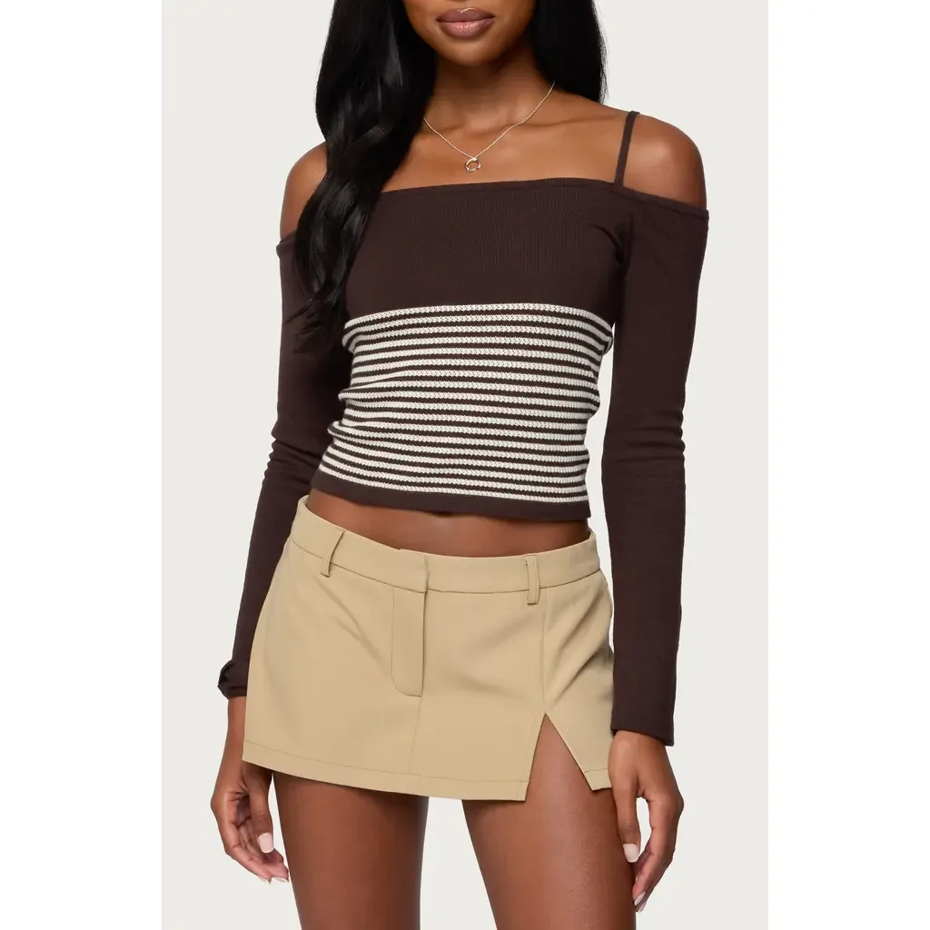Darya Stripe Cold Shoulder Crop Top by EDIKTED