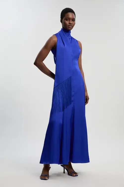 Satin Cowl Neck Scarf Fringe Maxi Dress by Karen Millen