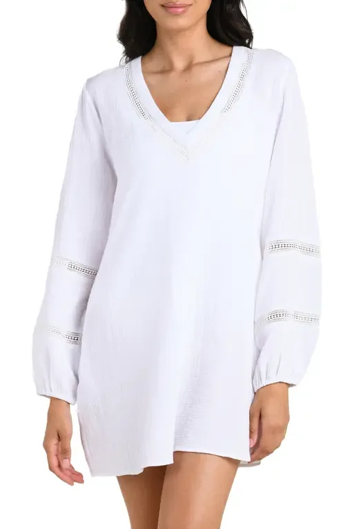 Seaside Lace Inset Long Sleeve Cotton Cover-Up Dress